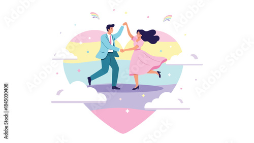 Dancing in Paradise: A silhouette of a couple embraces the dance floor, amidst a heart-shaped backdrop of vibrant hues, representing romance and love.