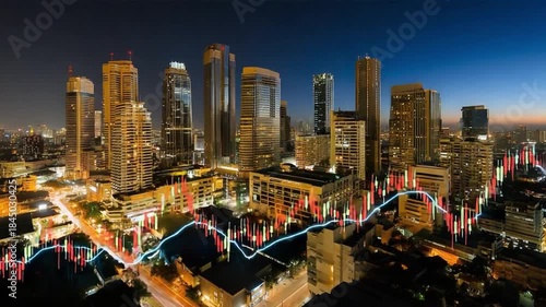 Financial District Skyline at Night: A captivating nightscape of a bustling financial district, illuminated by the glow of city lights, with stock market data overlaid, suggesting economic growth.