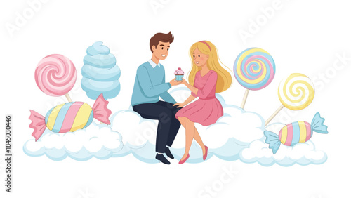 Sweet Treats of Affection: A romantic illustration depicts a couple sharing a sweet moment amidst a whimsical setting of sweets, symbolizing love, care, and togetherness.