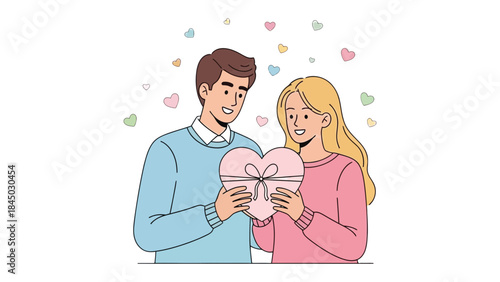 Romantic Gift: A loving couple shares a heartfelt moment as they exchange a beautiful heart-shaped gift box, symbolizing their affection and devotion.