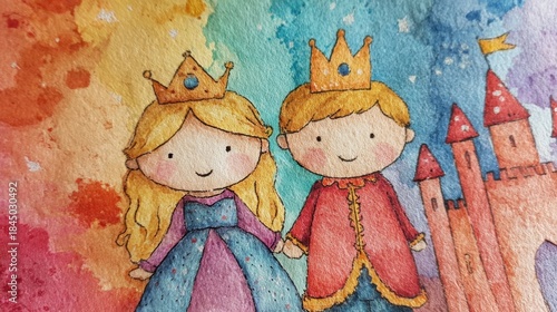 Children hold hands in a colorful drawing of a princess and prince by a castle