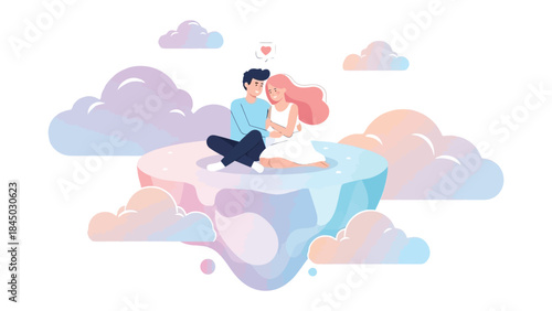 Serene Embrace: A tender couple shares a peaceful moment, nestled amidst soft clouds, symbolizing a dreamscape of affection and unity.