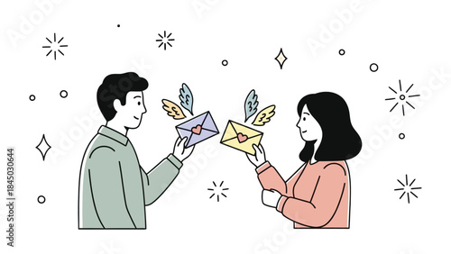 Love Letter Exchange: A male and female stand facing each other, exchanging love letters, while the starry sky makes a romantic scene.