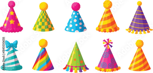 Colorful party hat vector set with festive birthday and celebration cone hats in cute cartoon style isolated on white backgroundColorful party hat vector set with festive birthday and celebration