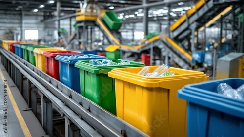 Plastic bottles and containers into color-coded recycling bins at a modern waste processing plant. Conveyor belts and large machinery in the background