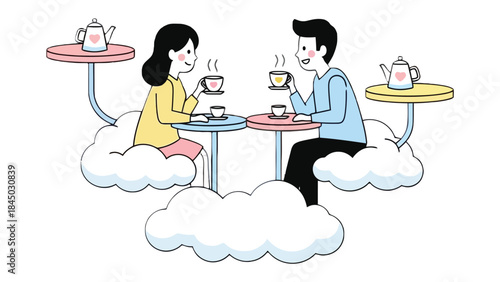 Tea Date on Cloud Nine: A romantic couple enjoys a peaceful tea date, perched on fluffy clouds, surrounded by teapots and cups, creating a whimsical and dreamy scene.