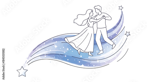 Enchanting Dance: Two figures twirl gracefully, locked in a dance of pure enchantment under a sky adorned with glittering stars. The illustration evokes feelings of romance, fantasy.