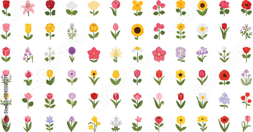 Floral icon set, colorful flower illustrations, botanical clipart, spring bloom graphics, nature design elements, garden blossoms, decorative plant symbolst
