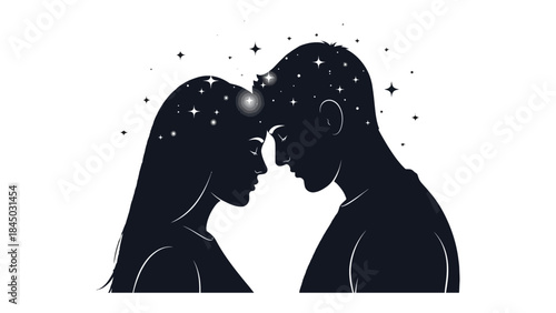 Cosmic Connection: A Silhouetted couple in intimate embrace, their minds intertwined with stars, symbolizing a deep and celestial bond.