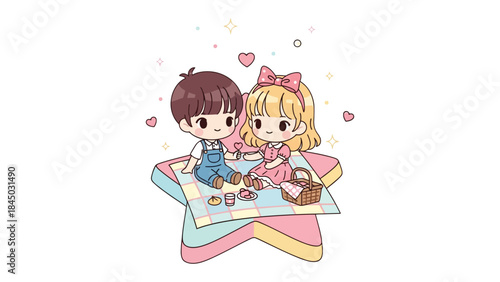 Sweet Picnic Date: A cute couple enjoy a romantic picnic on a star-shaped blanket, surrounded by hearts and stars. The scene exudes warmth, affection, and the innocent charm of young love. 