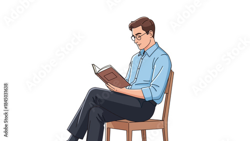 Man wearing glasses and a blue shirt sits reading a brown book