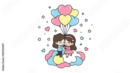 Love's Ascent: Two figures ascend gently, borne aloft by heart-shaped balloons, symbolizing the boundless heights of love and affection.