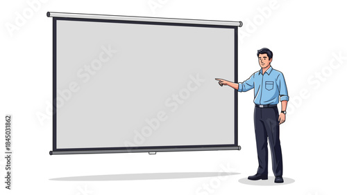 Man pointing at a large blank pulldown projection screen