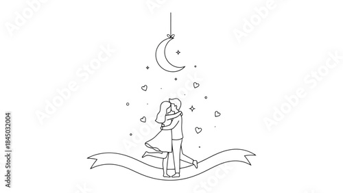 Eternal Embrace: Two figures, silhouetted against a starlit canvas, share a tender embrace, their love illuminated by the gentle glow of a crescent moon and the showering of hearts.