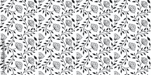 Seamless pattern of black outline lotus flowers and leaves on a white background vector illustration
