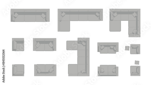 Set of vector illustrations showing various top view sofas, sectionals, and armchairs in different rectangular, square, and L-shapes.