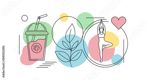 Wellness Harmony: A harmonious composition depicting the essence of health and vitality, with illustrations of a refreshing beverage, vibrant greenery, a yoga pose, and a symbol of love.
