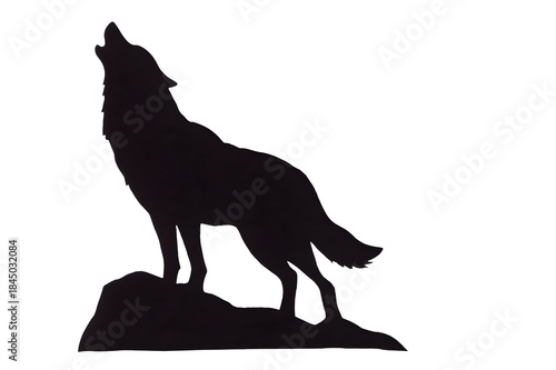 Strong wolf silhouette standing on a rock with head raised in a powerful iconic posture on a white background - AI Generated