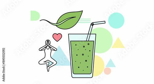 Green Smoothie: A refreshing illustration of a green smoothie, symbolizing health, wellness, and a balanced lifestyle. Complemented by yoga pose and a heart