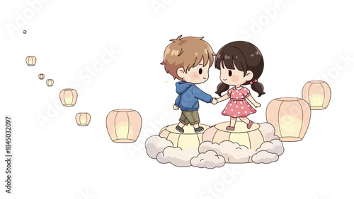 Eternal Bond: A heartwarming illustration of a couple holding hands amidst floating lanterns, symbolizing love, togetherness, and a shared journey. 