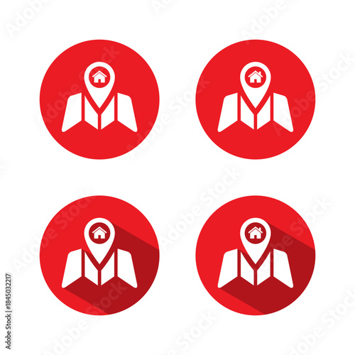 Home location map icon with long shadow. House navigation symbol