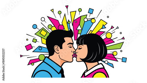 Romantic Kiss: A vibrant illustration depicts a couple sharing a tender kiss, symbolizing love and connection, with dynamic geometric shapes.