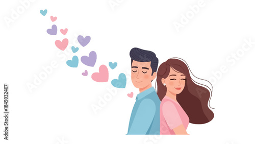 Eternal Bond: An illustration depicts a tender moment as two individuals stand back to back, their hearts entwined amidst a cascade of hearts.