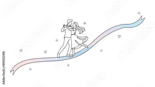 Dancing on Ribbon of Dreams: A couple glides gracefully across a ribbon, symbolizing a journey of love, harmony, and shared dreams. Witnessing their synchronized movements.