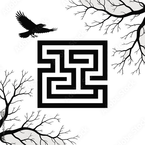 A black and white illustration featuring a flying bird near a complex geometric maze design.