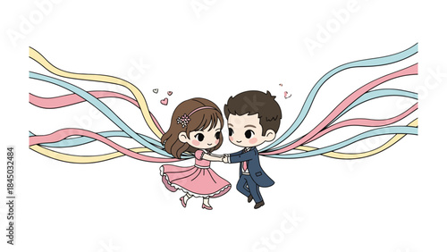 Dancing Duo: A charming cartoon couple shares a tender moment. Delicate ribbons dance in the breeze, symbolizing the bonds of love and unity. A heartfelt illustration.
