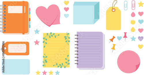 Cute stationery and planner illustration set with notebooks sticky notes tags hearts and colorful office supplies, pastel scrapbook vector elements