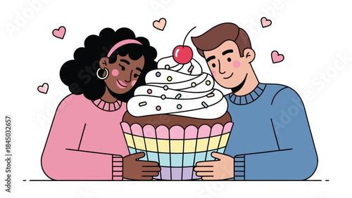 Cupcake Celebration of Love: A sweet moment of connection captured as two people lovingly embrace a delightful cupcake, surrounded by hearts, symbolizing joy and affection.