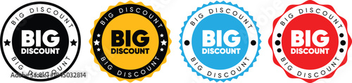 Big Discount Offer Badges Set - Vector Round Promotional Labels and Sale Stickers in Black, Yellow, Blue, and Red for Retail Marketing and Price Reduction