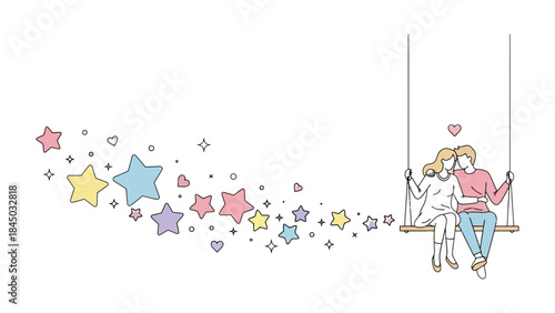Romantic Swing Scene: A loving couple, illuminated by the gentle glow of stars, swings together, capturing the essence of an ideal date and tender romance.