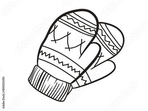 A knitted winter mittens with a pattern. Traditional warm hand clothes. Hand-drawn Vector illustration isolated on white background