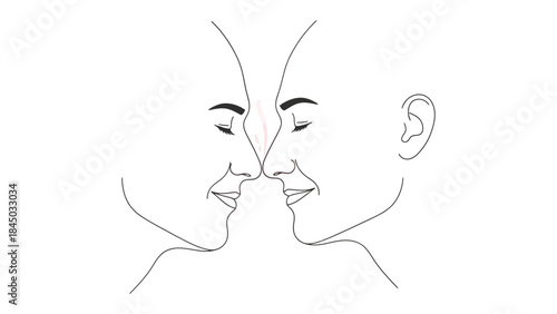 Intimate Connection: A delicate line drawing captures two individuals in a moment of tender intimacy, their faces gently touching in a gesture of affection.