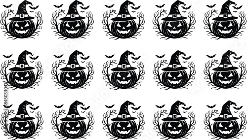 Seamless Black and White Halloween Pattern Featuring Grinning Pumpkins Wearing Witch Hats, Surrounded by Twigs and Bats, for Spooky Backgrounds and Prints.