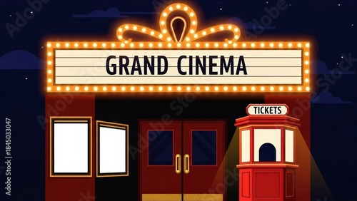 Wallpaper Mural Grand Cinema Entrance with Marquee Lights at Night, Retro Movie Theater Facade. Torontodigital.ca