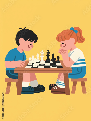 Two children playing chess at a small table with focused expressions. A joyful moment of strategy and learning.