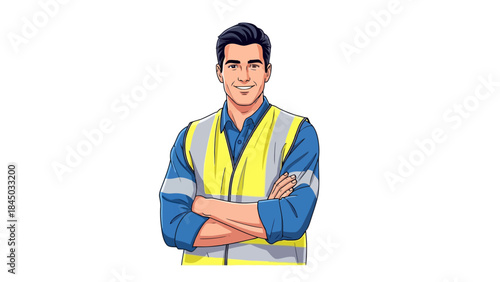 Smiling illustrated man in a yellow highvisibility safety vest and blue shirt standing with arms crossed on white