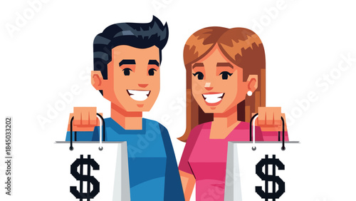 Smiling illustrated man and woman holding dollar sign shopping bags against a white backdrop
