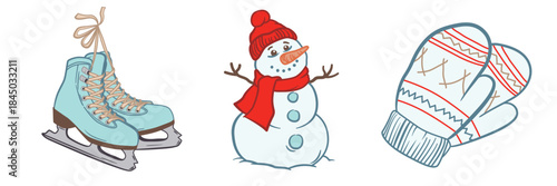 Winter elements - knitted mittens, snowman in a red scarf and hat,  classic ice skates. Sketch Vector illustration isolated on white background