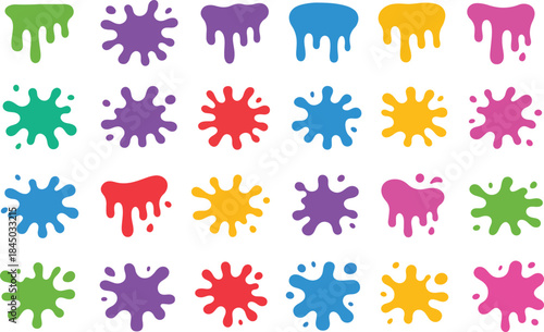 Color paint splatter. Bright colorful splashes and drips, abstract blot splatter. Ink stains for kids, comics, pop art posters and stickers, graffiti vector art and illustration 