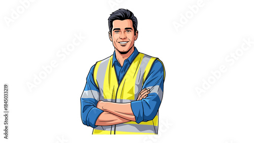 Smiling male worker illustration in blue shirt and highvis yellow vest arms crossed isolated on white