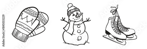 Winter elements - knitted mittens, snowman and ice skates. Sketch Vector illustration isolated on white background