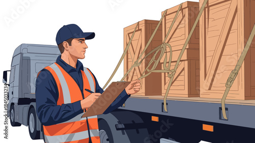 Worker in hivis vest checking cargo manifesto on clipboard next to truck loaded with secured wooden crates