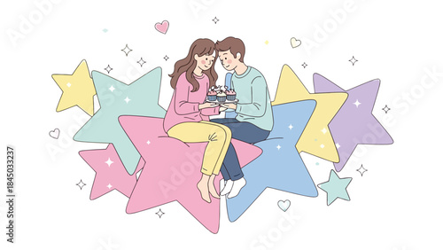 Harmony Amongst the Stars: A tender couple shares a sweet moment atop a constellation of pastel stars, creating a scene filled with love and warmth. Capturing the intimacy and magic of togetherness.