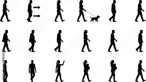 Collection of Black Silhouette People Walking Icons, Featuring Various Men, Women, and a Dog Walker for Public Signage, Graphics, and Architectural Plans.