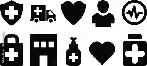 Collection of Ten Black Medical Healthcare Icons with Ambulance and Hospital heart