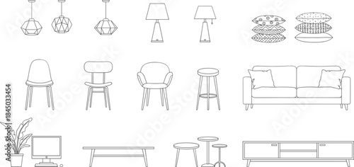 Outline Vector Collection of Interior Decor Elements, Including Modern Chairs, Sofas, Lighting Fixtures, and Decorative Pillows for Architectural Blueprints and Layouts.